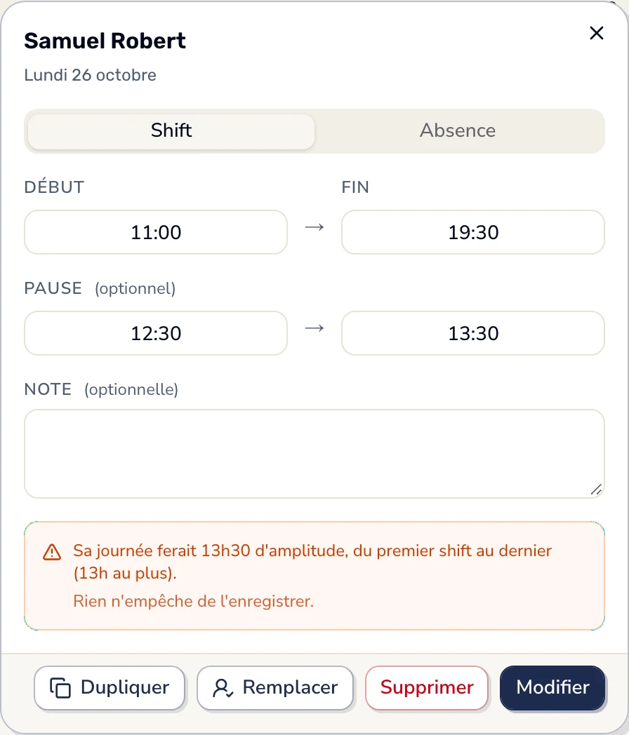 Dans Smarly, la fenêtre d'un shift de 11:00 à 19:30, après un inventaire de 6:00 à 8:00 le même jour : « Sa journée ferait 13h30 d'amplitude, du premier shift au dernier (13h au plus). Rien n'empêche de l'enregistrer. »