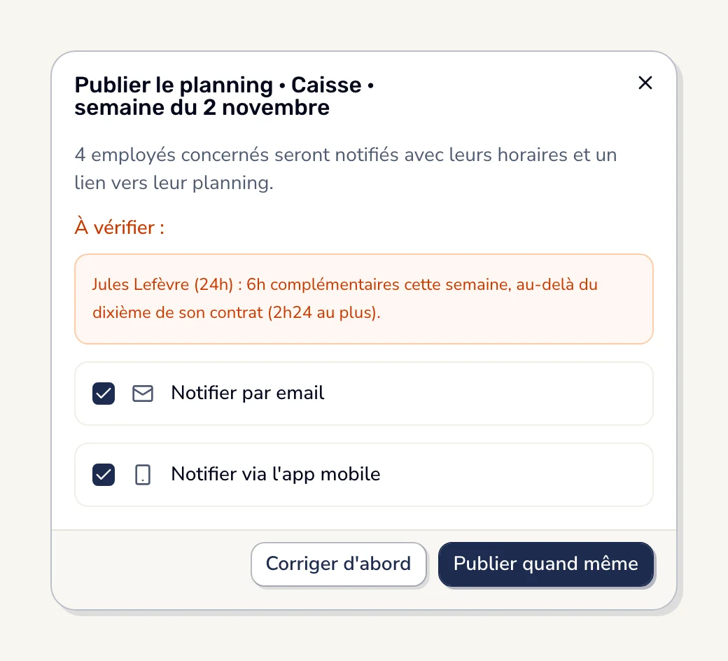 Avant de publier le planning, Smarly signale que Jules, à 24 heures par semaine, fait 6 heures complémentaires, au-delà du dixième de son contrat (2 h 24 au plus).