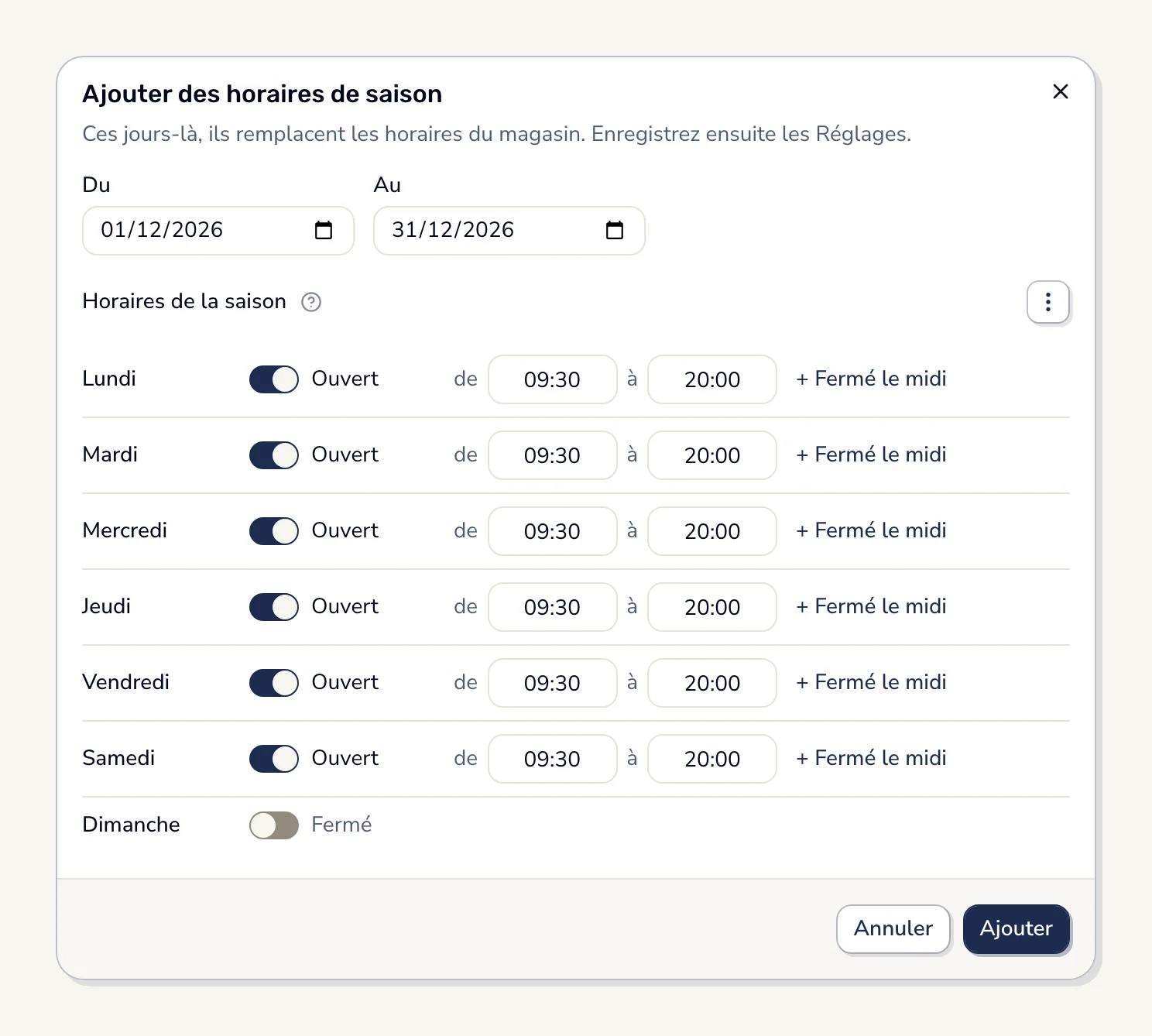 Dans Smarly, des horaires de saison du 1er au 31 décembre : le magasin ferme à 20 heures du lundi au samedi.