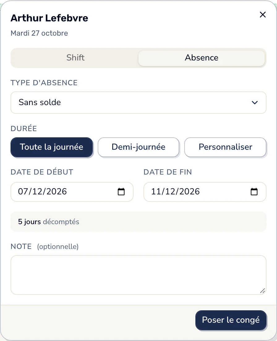 Dans Smarly, un congé sans solde posé du lundi 7 au vendredi 11 décembre : « 5 jours décomptés », sans toucher au solde de congés payés.