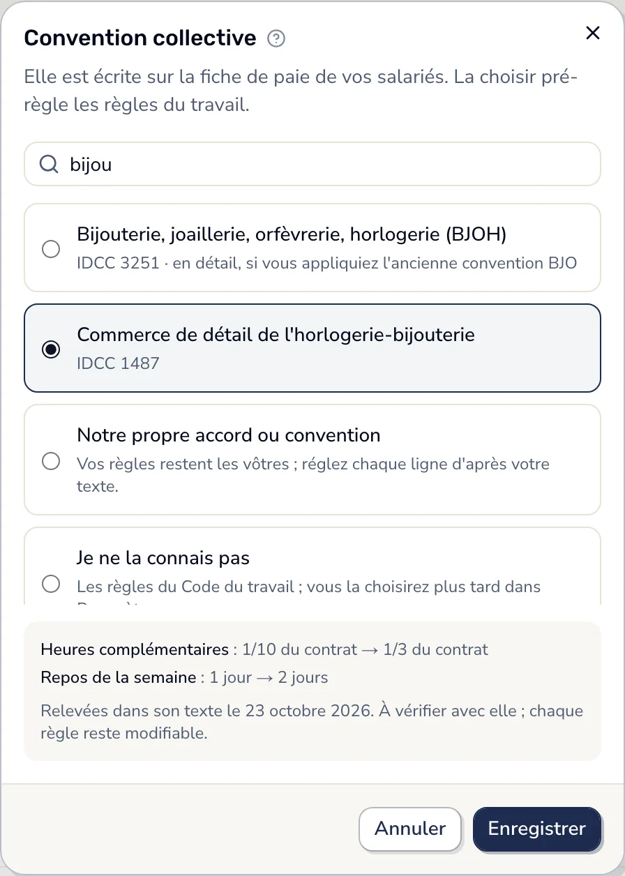 Dans Smarly, la fenêtre « Convention collective » : « bijou » cherché, la 3251 (BJOH) en tête, la 1487 choisie, et ce qui change : heures complémentaires au tiers du contrat, deux jours de repos par semaine.