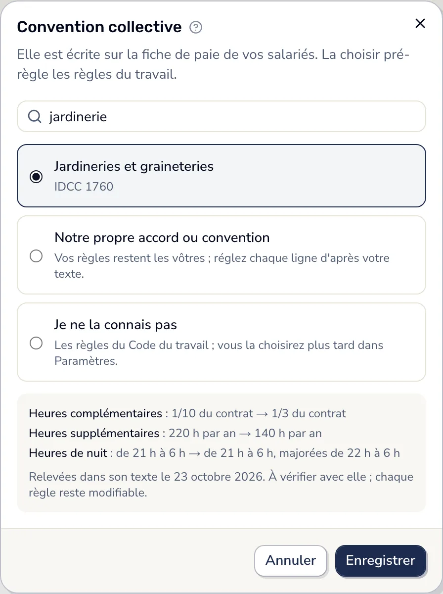 Dans Smarly, la fenêtre « Convention collective » : « jardinerie » cherché, la 1760 choisie, et ce qui change : heures complémentaires au tiers, 140 heures supplémentaires par an, la nuit majorée de 22 h à 6 h.