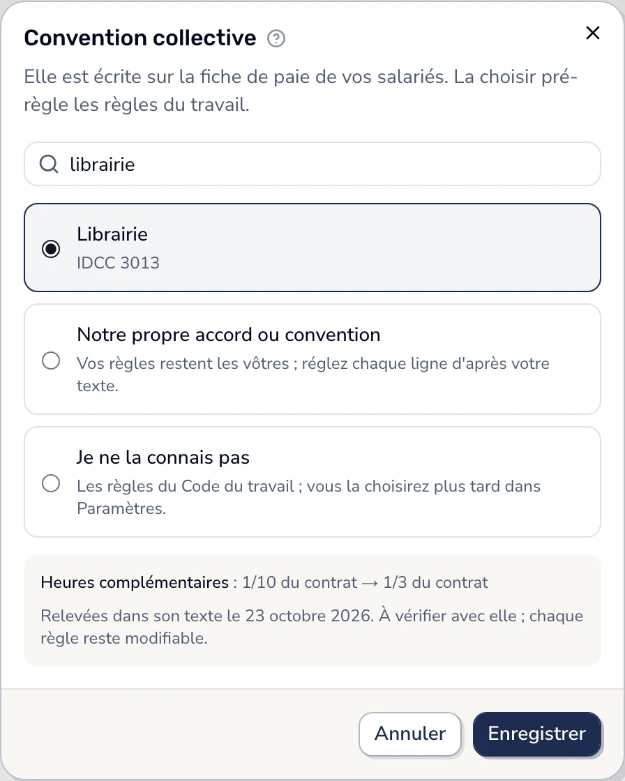 Dans Smarly, la fenêtre « Convention collective » : « librairie » cherché, la 3013 choisie, et ce qui change : heures complémentaires au tiers du contrat.