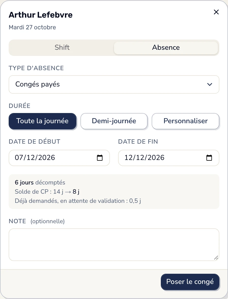Dans Smarly, six jours de congés payés posés du lundi 7 au samedi 12 décembre : « 6 jours décomptés », le solde passe de 14 à 8 jours.