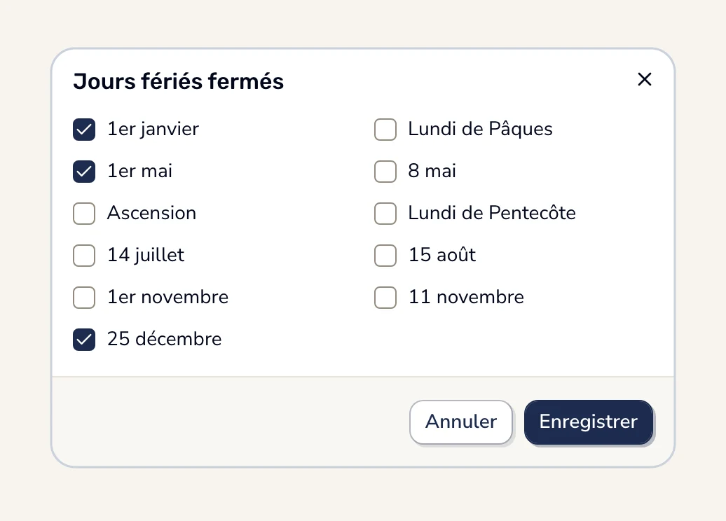Dans Smarly, la fenêtre « Jours fériés fermés » des règles du travail : le 1er janvier, le 1er mai et le 25 décembre cochés, les autres jours ouverts.