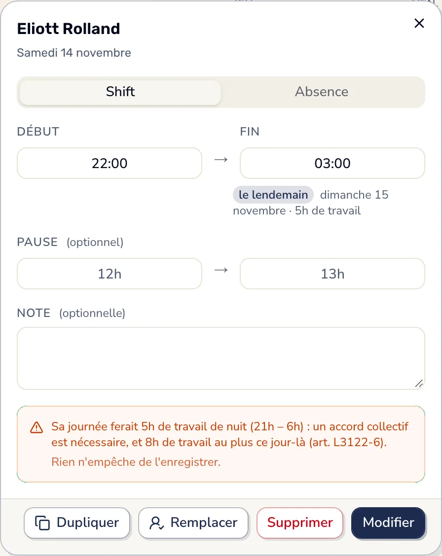Dans Smarly, la fenêtre d'un shift de 22:00 à 03:00 le samedi 14 novembre : « Sa journée ferait 5h de travail de nuit (21h – 6h) : un accord collectif est nécessaire, et 8h de travail au plus ce jour-là. Rien n'empêche de l'enregistrer. »