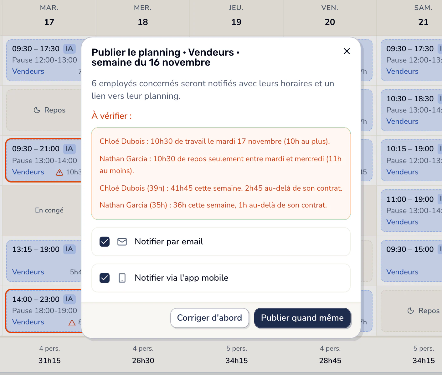 La publication d'une semaine dans Smarly : « À vérifier », 10 h 30 de travail un mardi, 10 h 30 de repos entre deux journées et deux contrats dépassés, en orange.