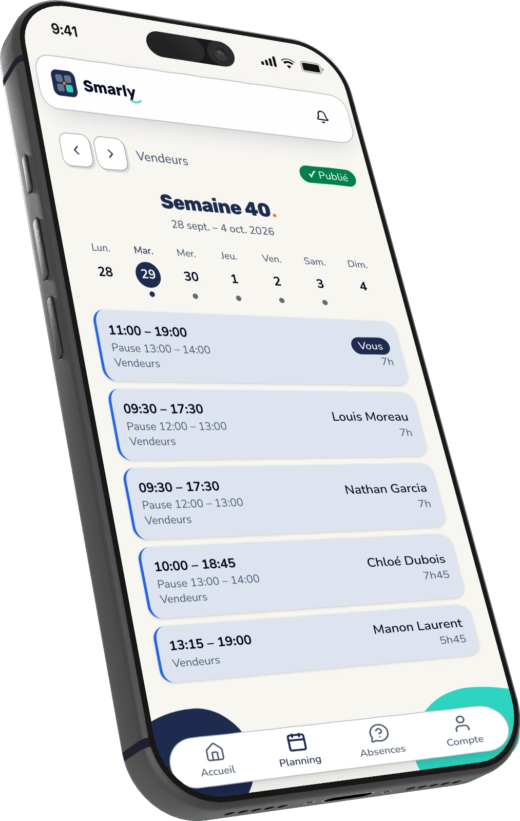 Le téléphone de Léa : ses horaires du mardi, marqués « Vous », et ceux de ses collègues.